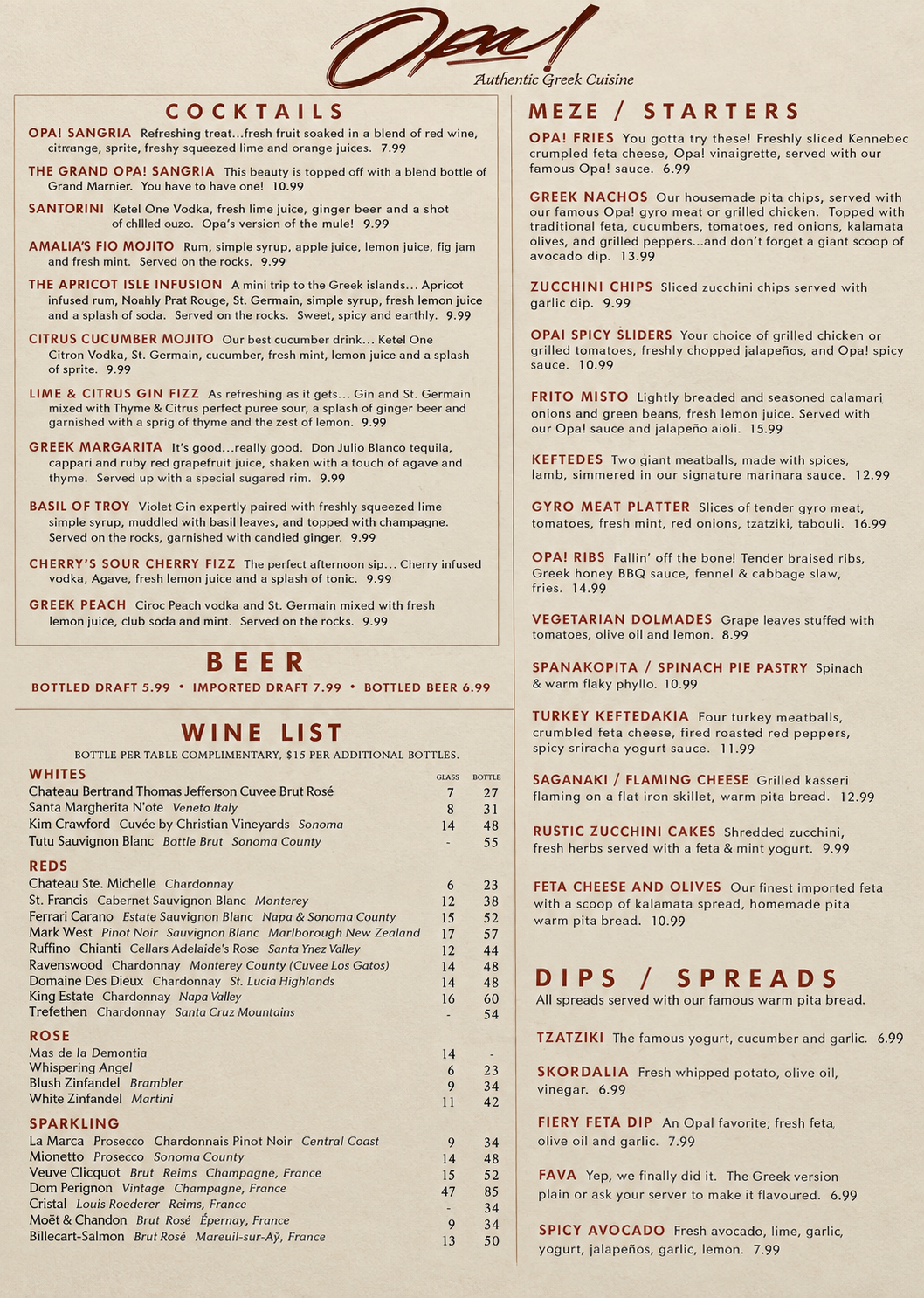 Opa! Willow Glen menu, page 2
