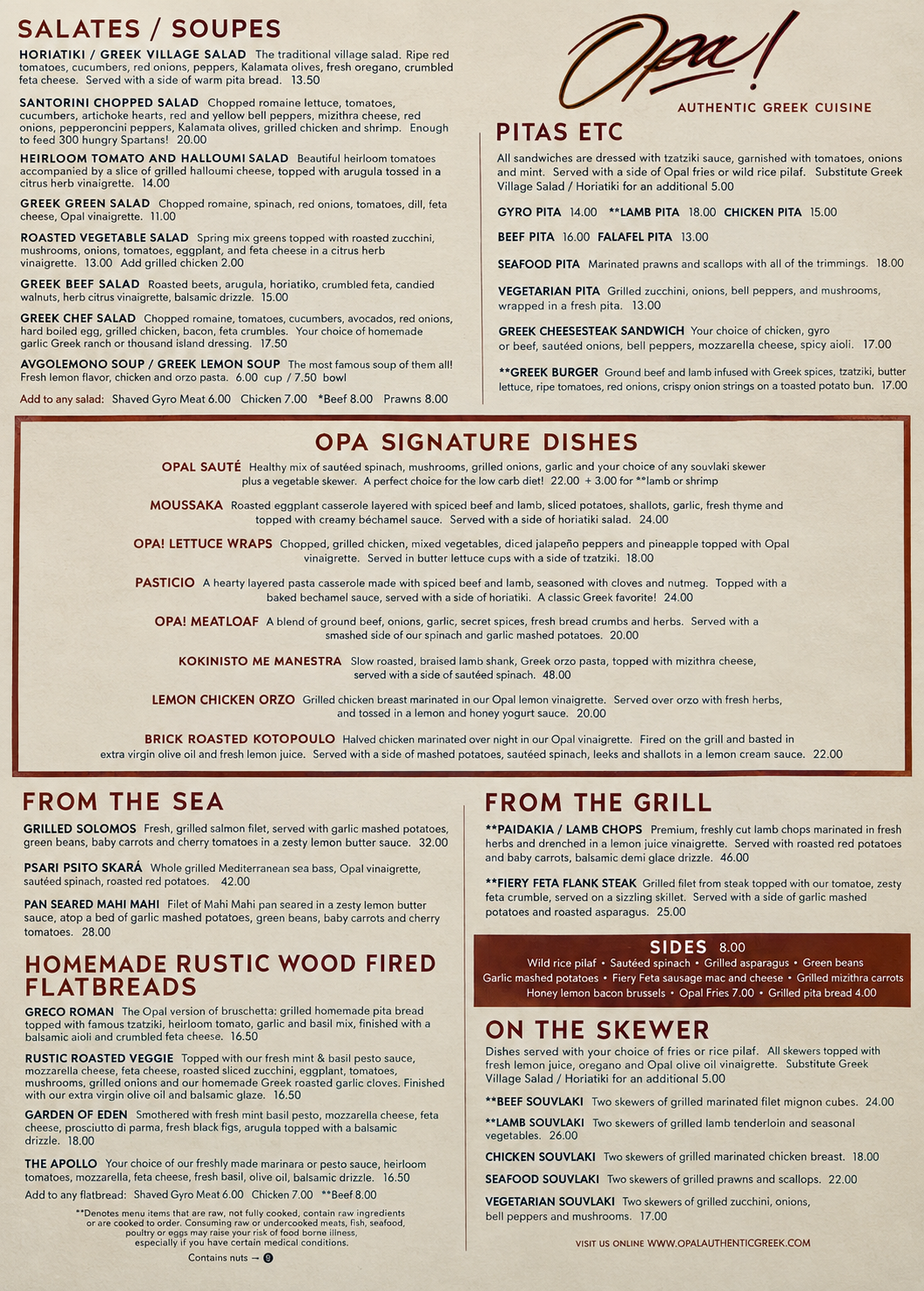 Opa! Willow Glen menu, page 1