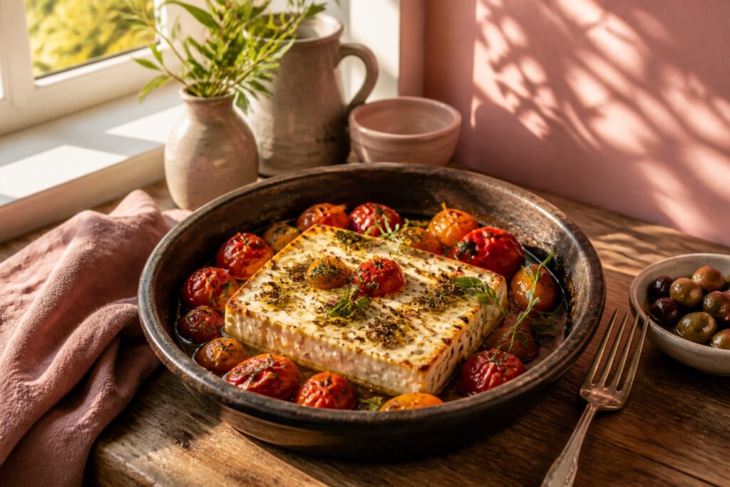 An assortment of baked feta served with different toppings and sides.
