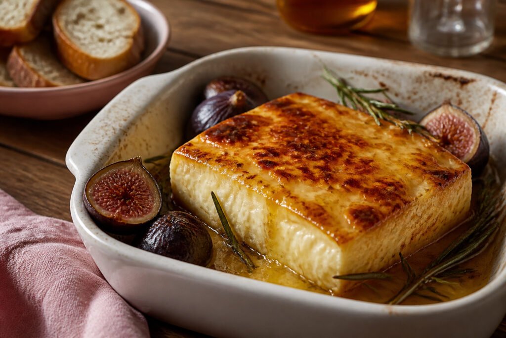 Baked feta cheese with honey and herbs on a rustic wooden table.