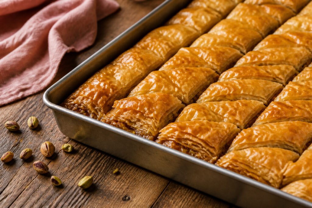 A tray of baklava with golden layers and visible nut filling.