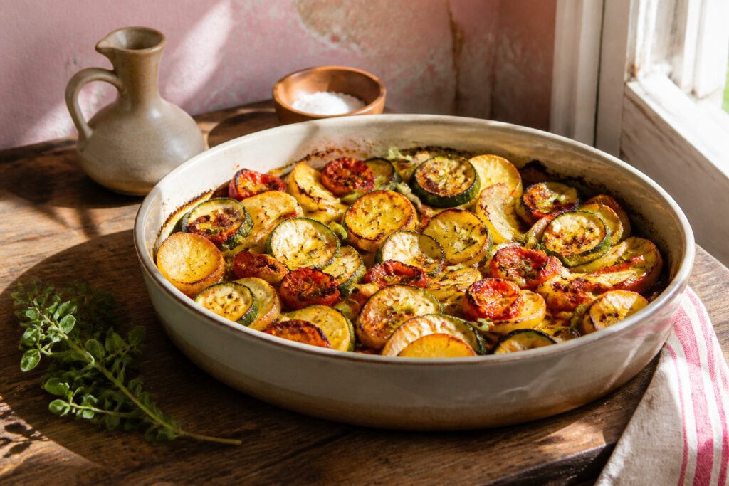 A vibrant mix of roasted vegetables including potatoes, zucchini, and tomatoes.