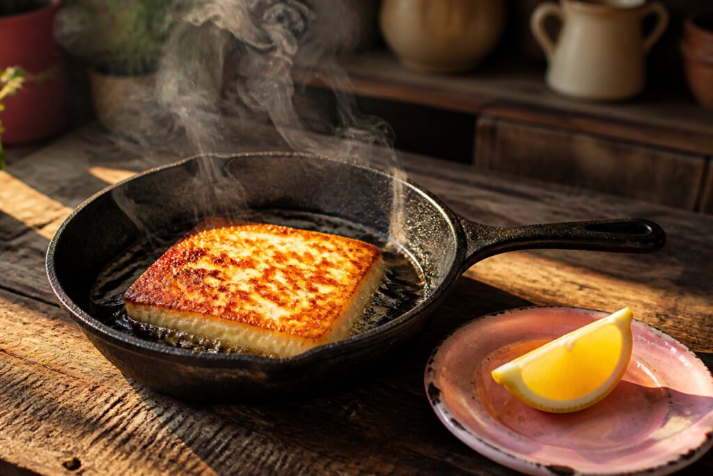 Fried saganaki cheese on a rustic plate with lemon wedges.
