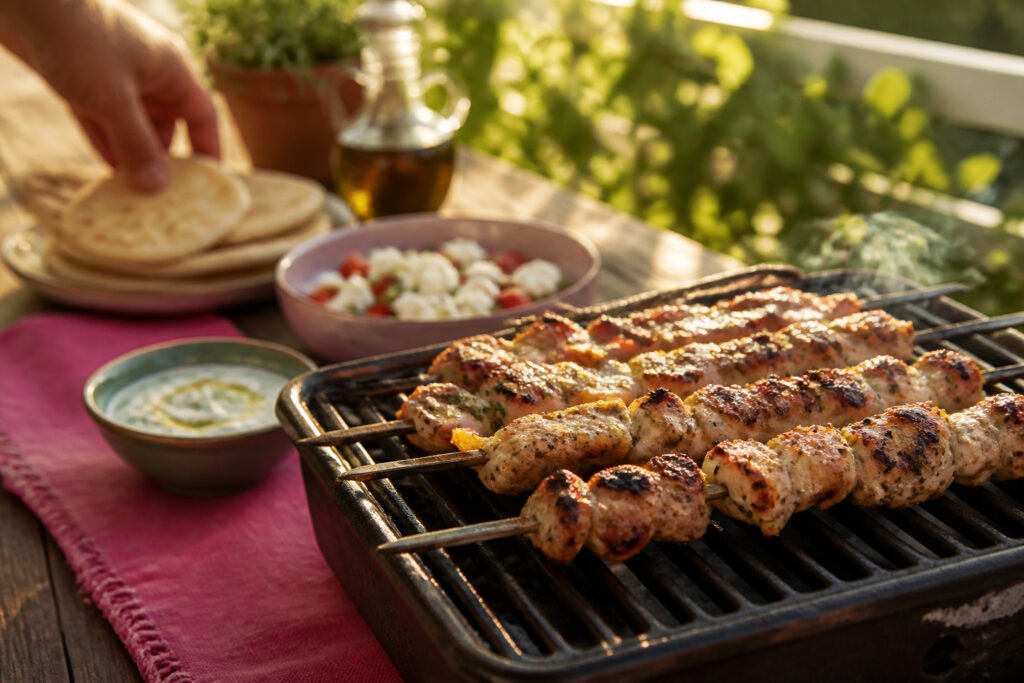 Skewers of chicken souvlaki with tzatziki sauce and pita bread.