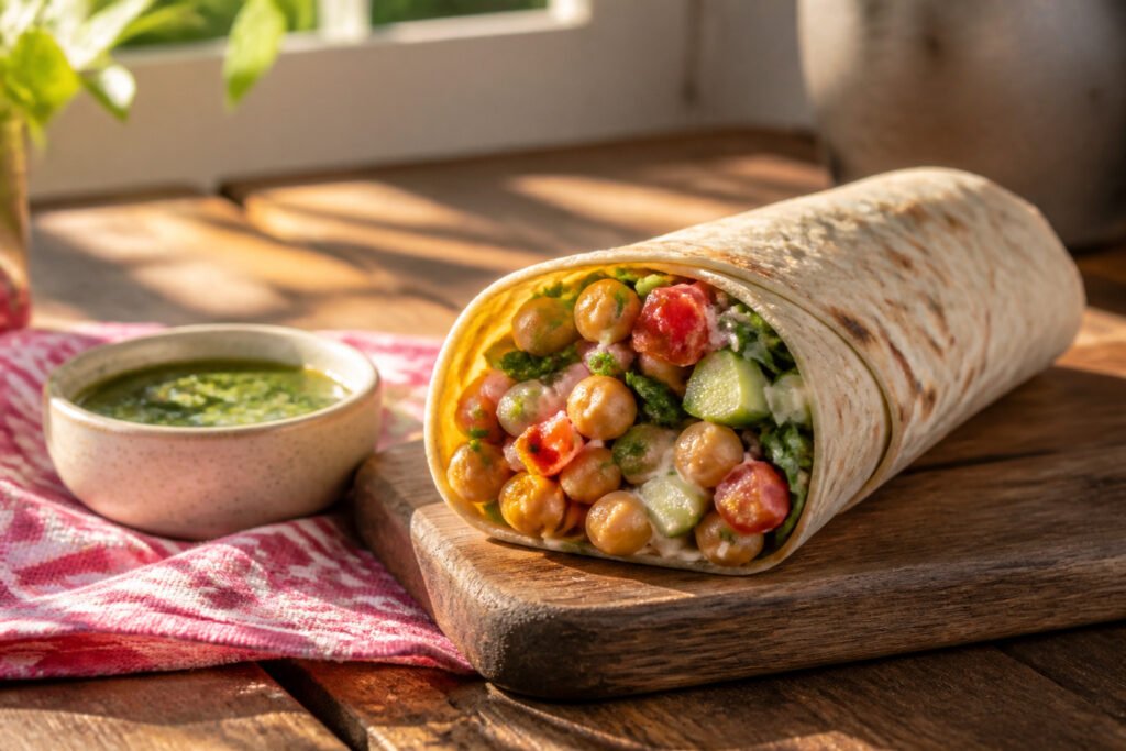 A variety of chickpea wraps filled with vegetables and sauces on a wooden board.
