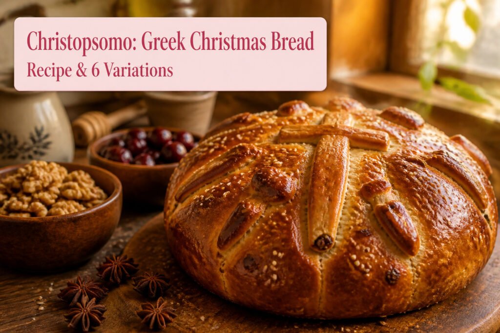 A decorated round loaf of christopsomo on a wooden table with ornaments.