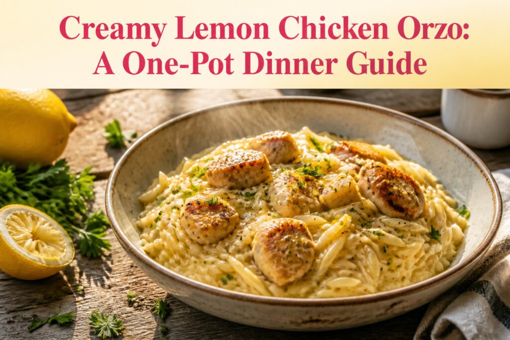 Bowl of creamy lemon chicken orzo with chicken, pasta, and spinach.