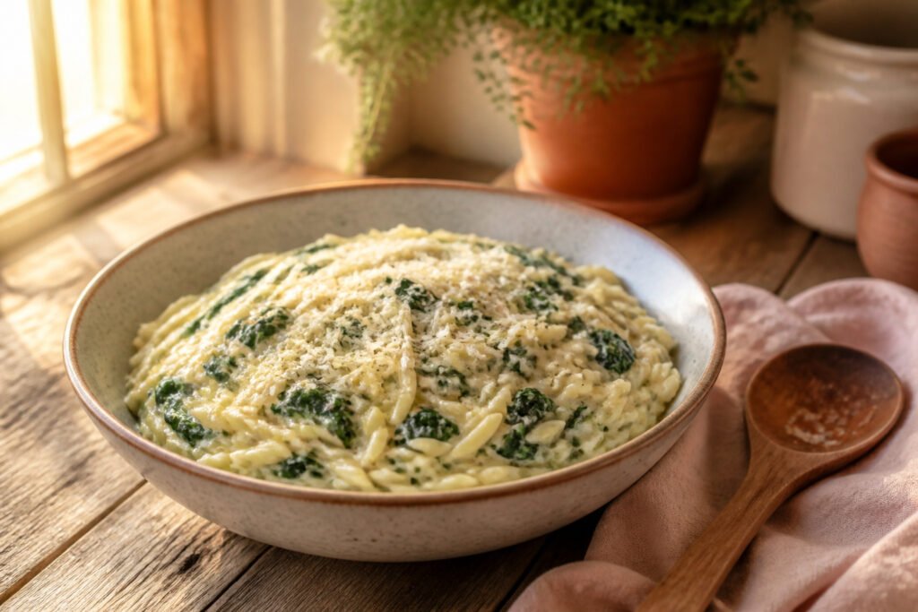 A pot of creamy spinach orzo with visible spinach and creamy sauce.