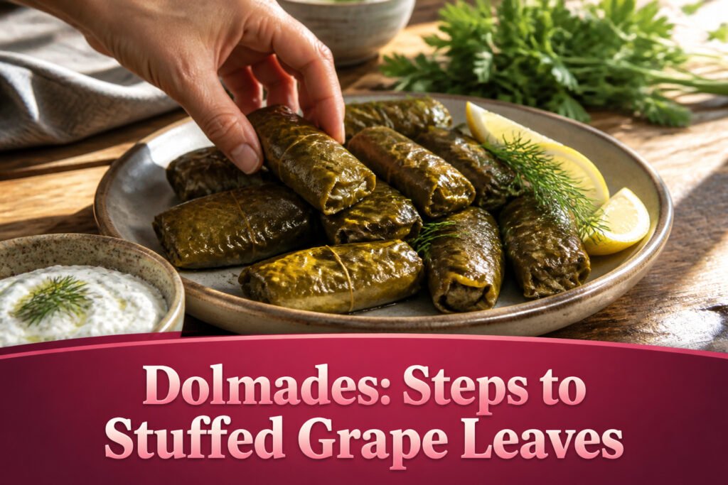 A plate of dolmades, stuffed grape leaves, garnished with lemon and herbs.
