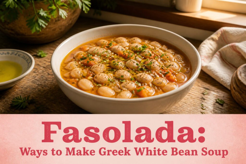 A bowl of fasolada with white beans, vegetables, and olive oil.