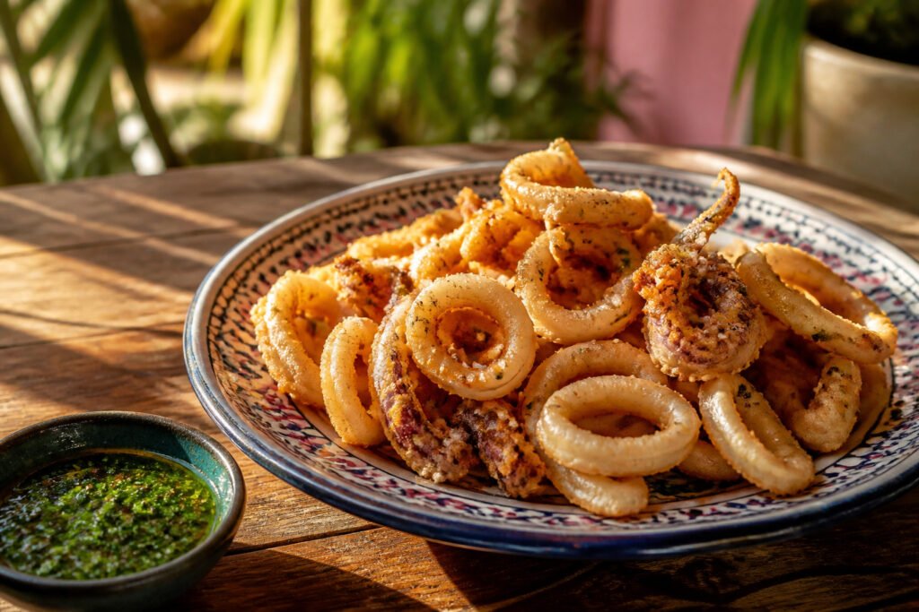 Fried calamari rings on a plate with lemon wedges.