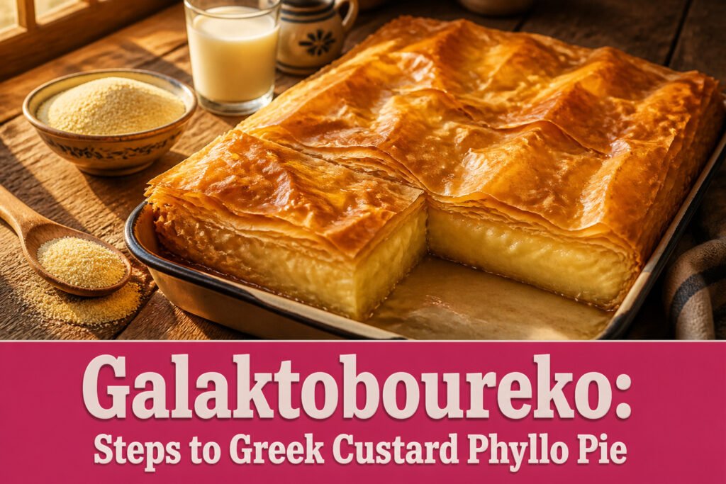 An overhead shot of an uncut galaktoboureko on a white plate.