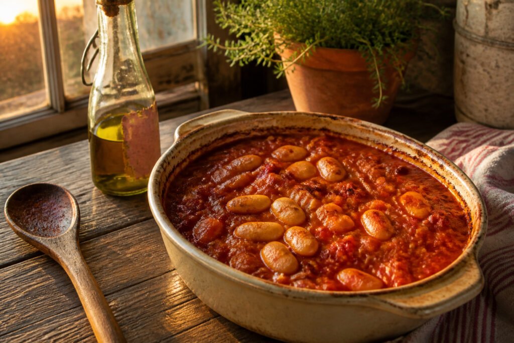 Bowl of large white beans on a wooden surface.
