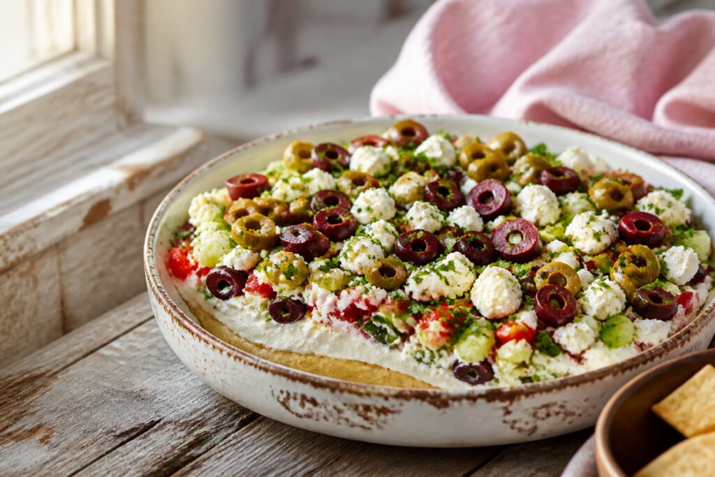 A Greek 7 layer dip with visible layers of hummus, yogurt, cucumbers, tomatoes, feta, olives, and garnish.