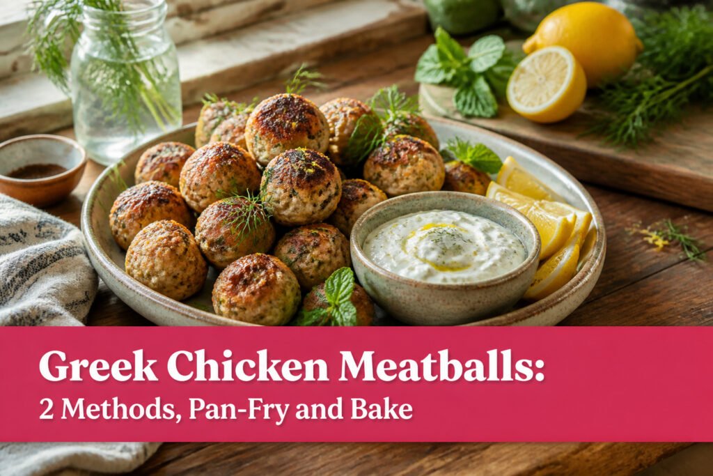 Greek chicken meatballs with tzatziki sauce and a colorful salad.