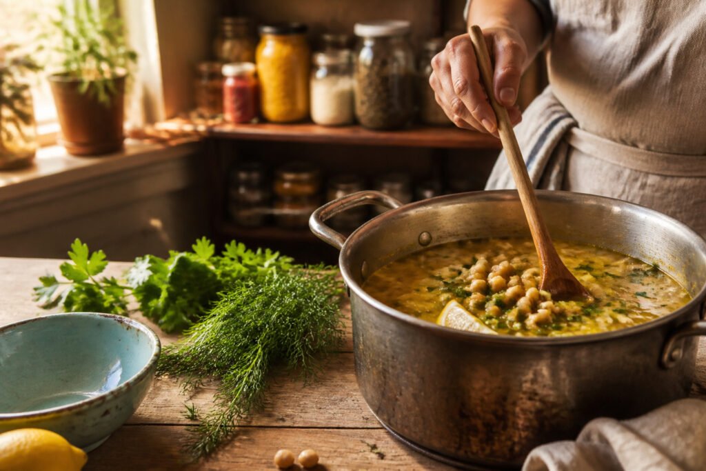 A pot of Greek chickpea soup with a bright yellow broth.