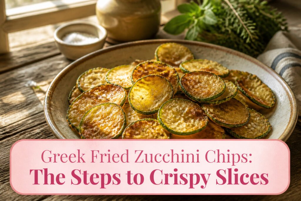 A plate of golden fried zucchini chips with a bowl of tzatziki.