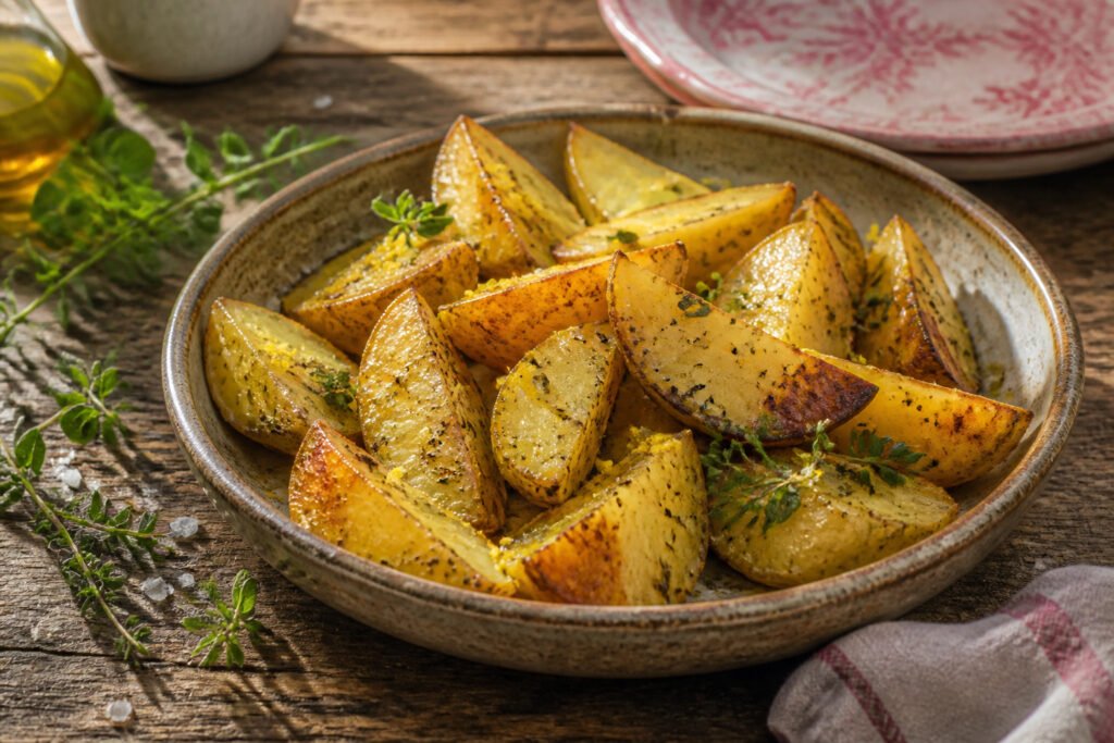 A platter of crispy Greek lemon potatoes surrounded by rustic bread and salad.