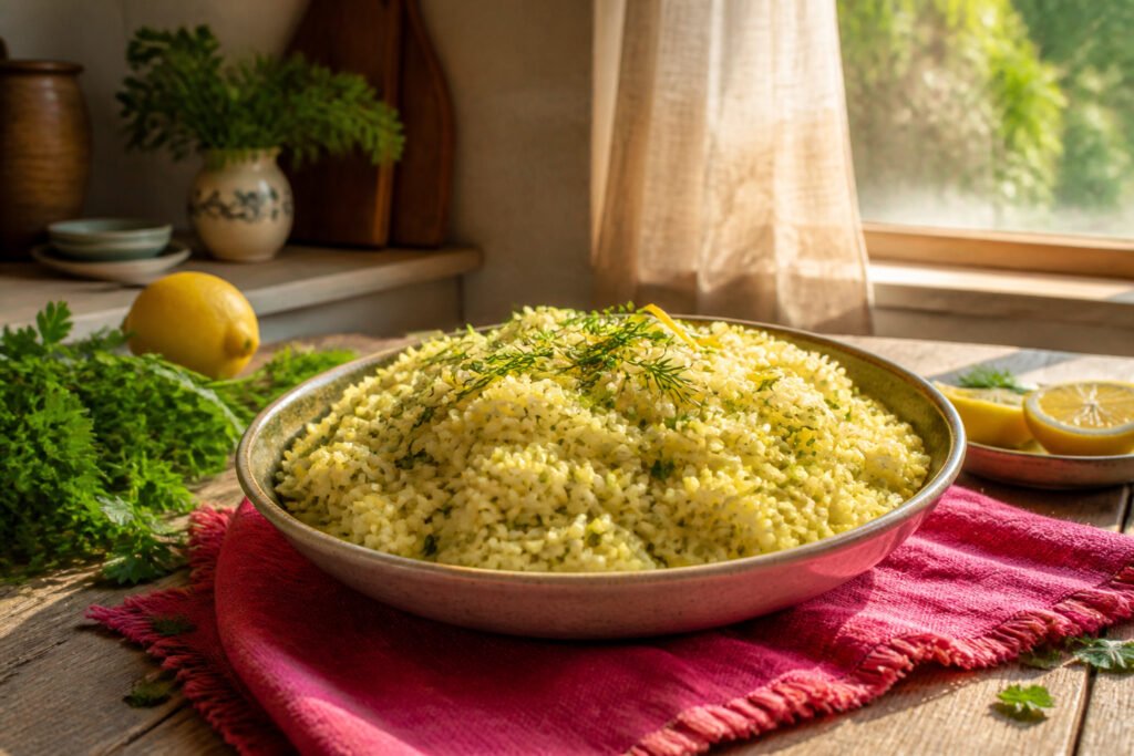 Bowl of Greek lemon rice with herbs and lemon wedges on a wooden surface.