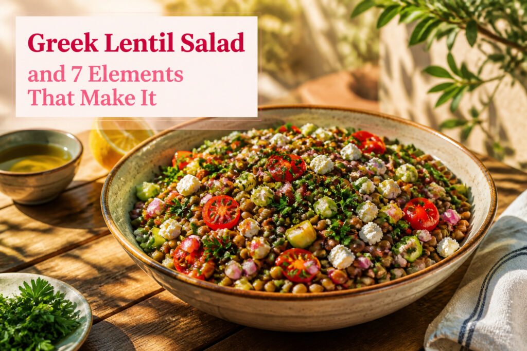 Bowl of Greek lentil salad with lentils, vegetables, and feta cheese.