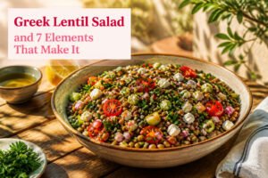 Bowl of Greek lentil salad with lentils, vegetables, and feta cheese.