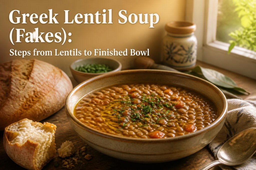 Bowl of Greek lentil soup with ingredients on a rustic wooden table.
