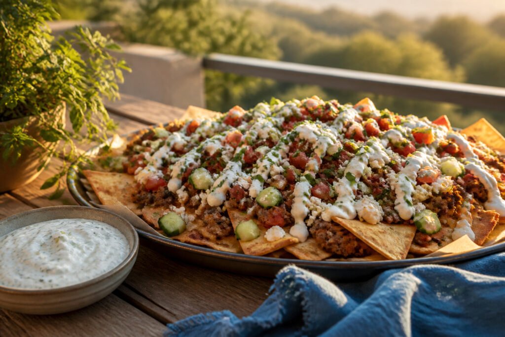 Plate of Greek nachos with pita chips, ground meat, tomatoes, and feta.