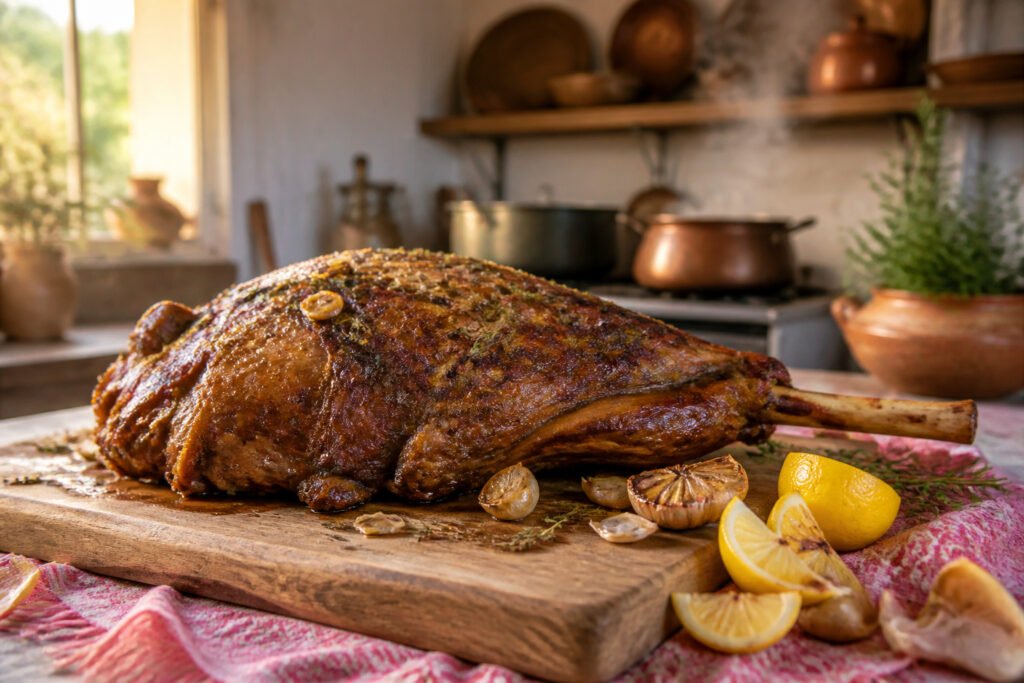 Roasted leg of lamb garnished with herbs on a wooden cutting board.