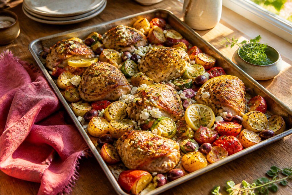 Greek sheet pan chicken with roasted vegetables and herbs on a serving platter.