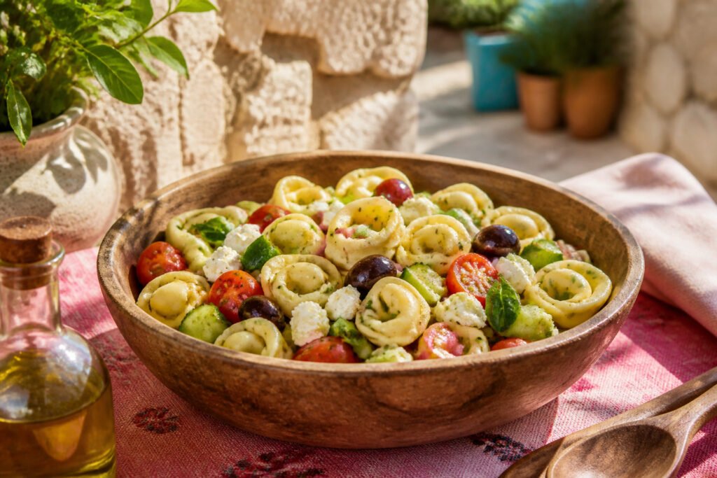 Greek tortellini salad with cheese tortellini, vegetables, and feta cheese.