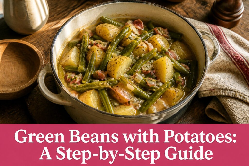 Pot filled with green beans and potatoes in golden broth on a stovetop.