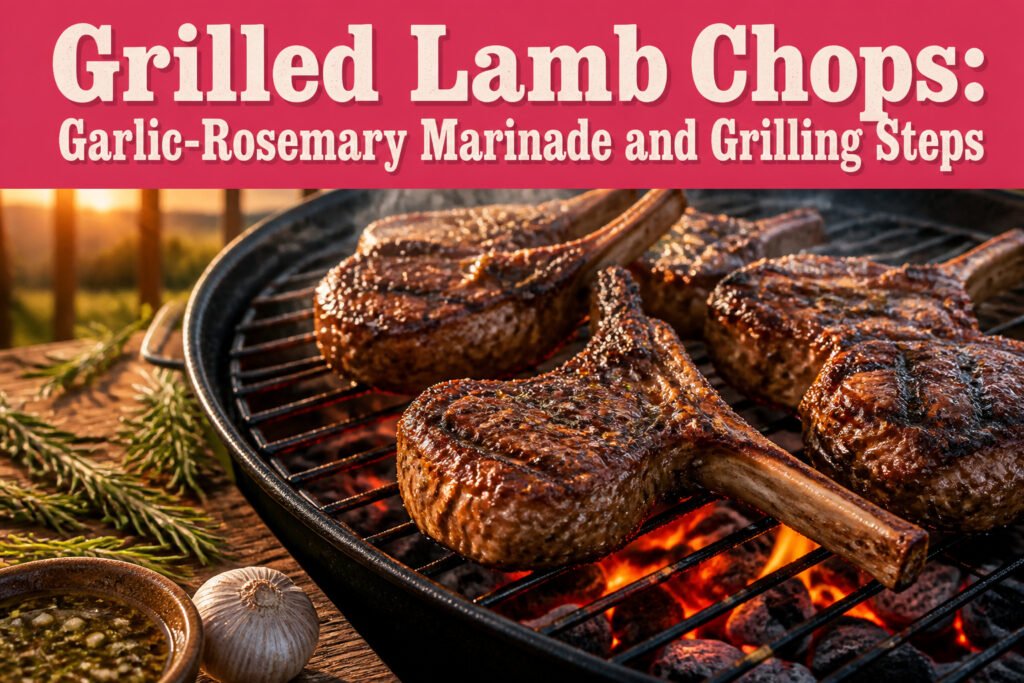 Plate of grilled lamb chops with garlic and rosemary on a wooden table.