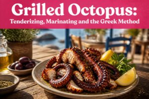 Plated grilled octopus with char marks and garnishes.