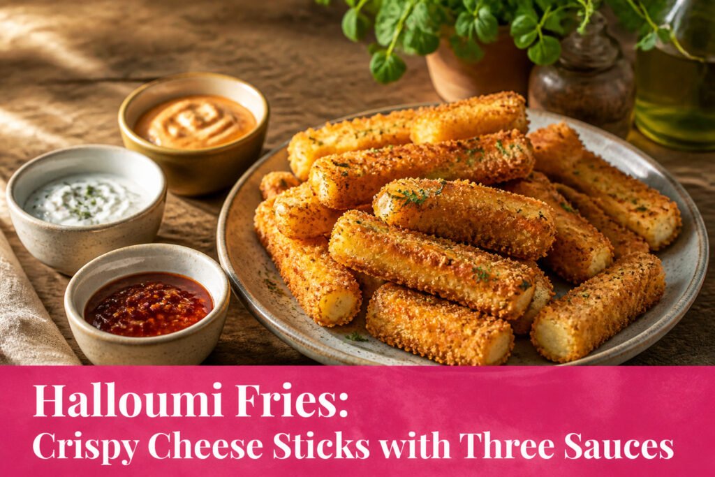 Plate of halloumi fries with garlic yogurt, marinara, and spicy aioli sauces.