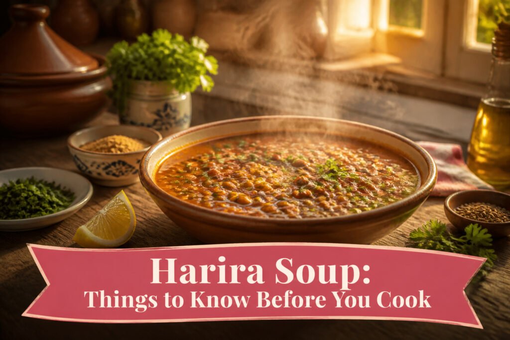 A bowl of harira soup with herbs and a lemon wedge on a wooden table.