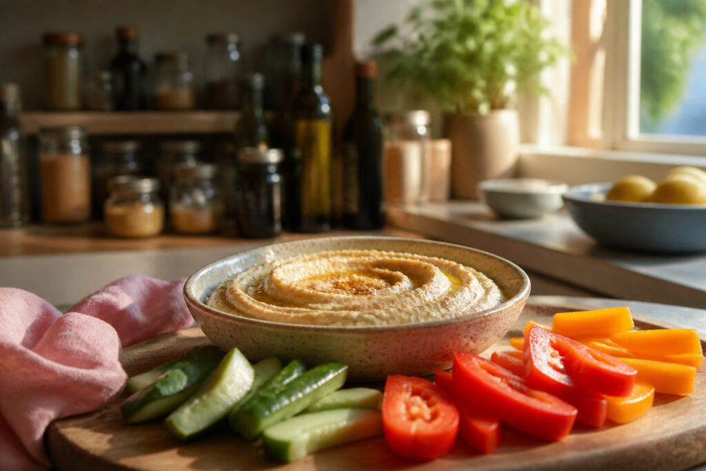 Various bowls of hummus in different styles with garnishes.