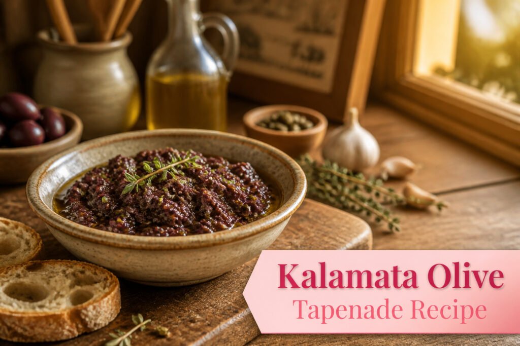 A vibrant setup featuring kalamata olive tapenade and fresh accompaniments.