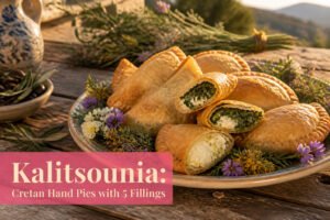 Various kalitsounia hand pies with different fillings on a rustic table.