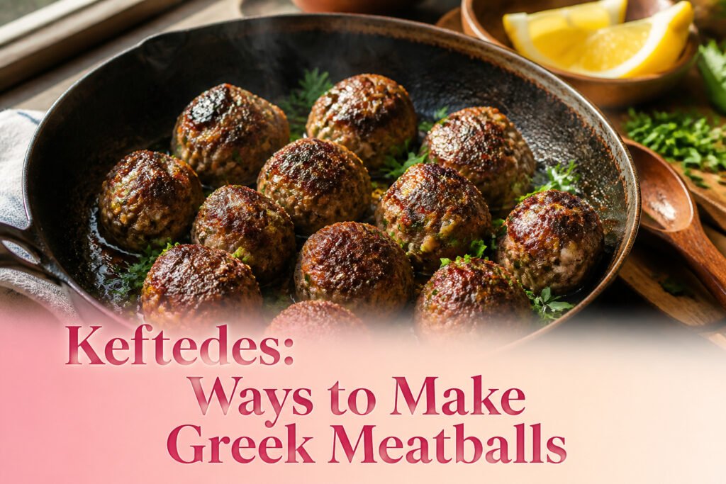 A plate of keftedes surrounded by tzatziki, olives, and lemon wedges.