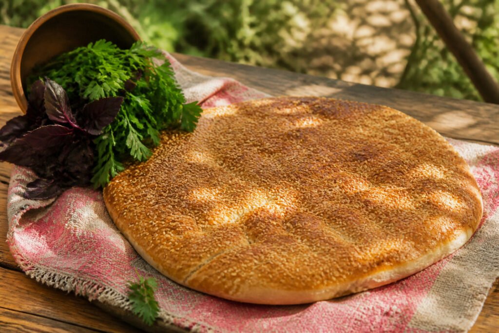 Baked Lagana flatbreads with a golden crust and sesame seeds.