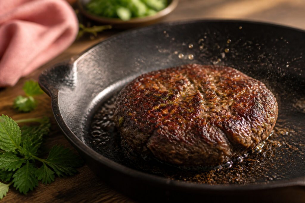 A grilled lamb burger on a plate with herbs and tzatziki.