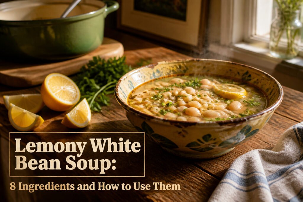 A pot of lemony white bean soup with bread slices on a table.