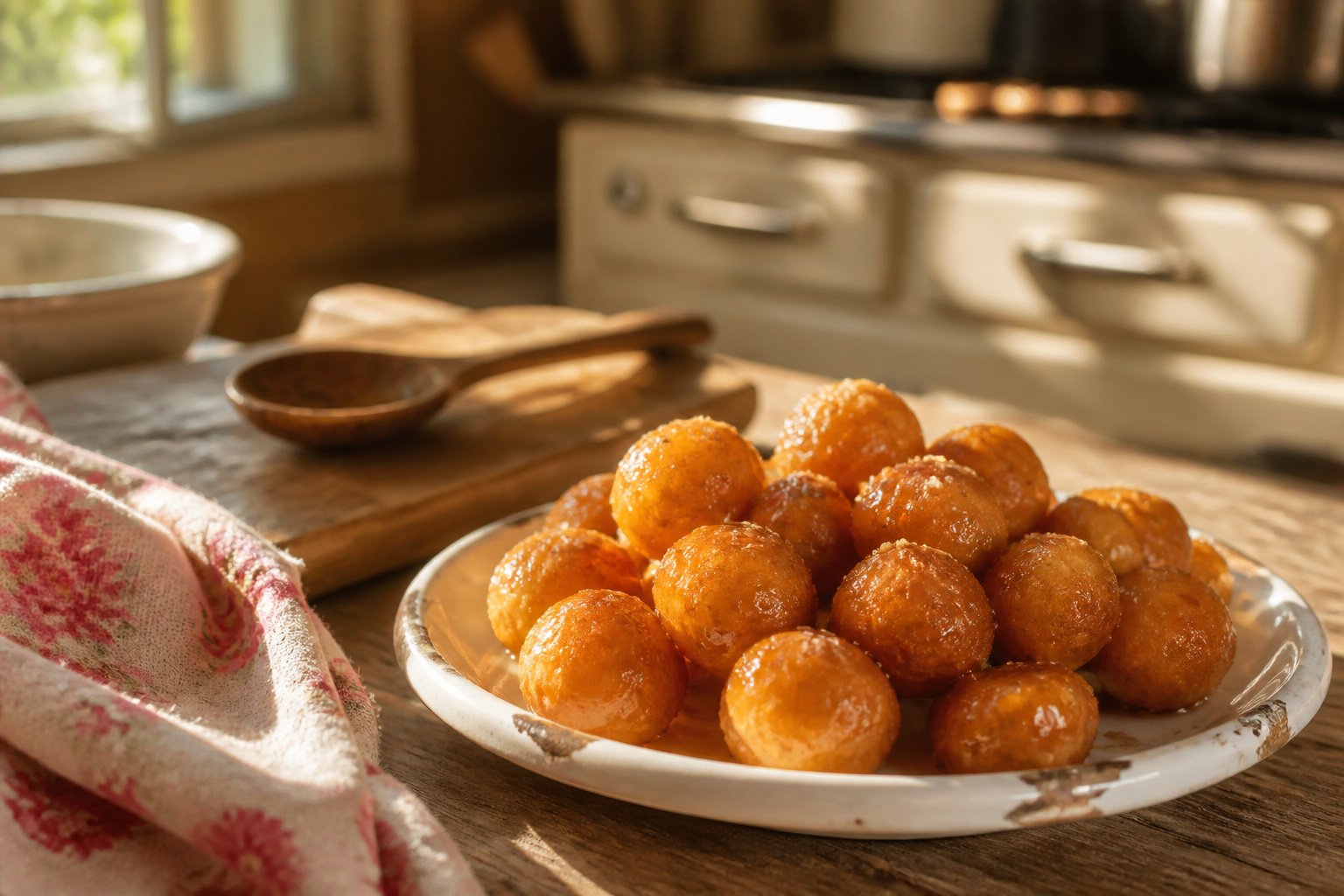 A plate filled with golden brown loukoumades drizzled with honey syrup.
