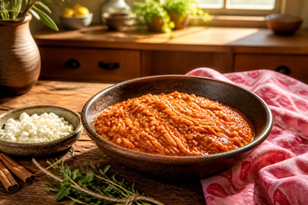 Bowl of manestra with orzo, tomato sauce, and crumbled feta.