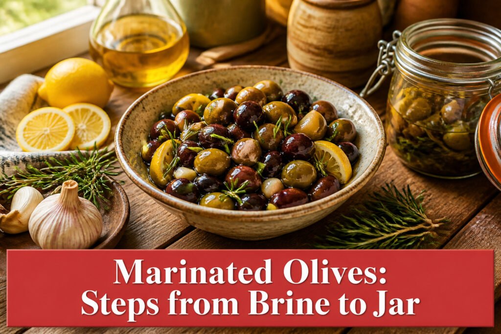 A jar of marinated olives surrounded by various appetizers.