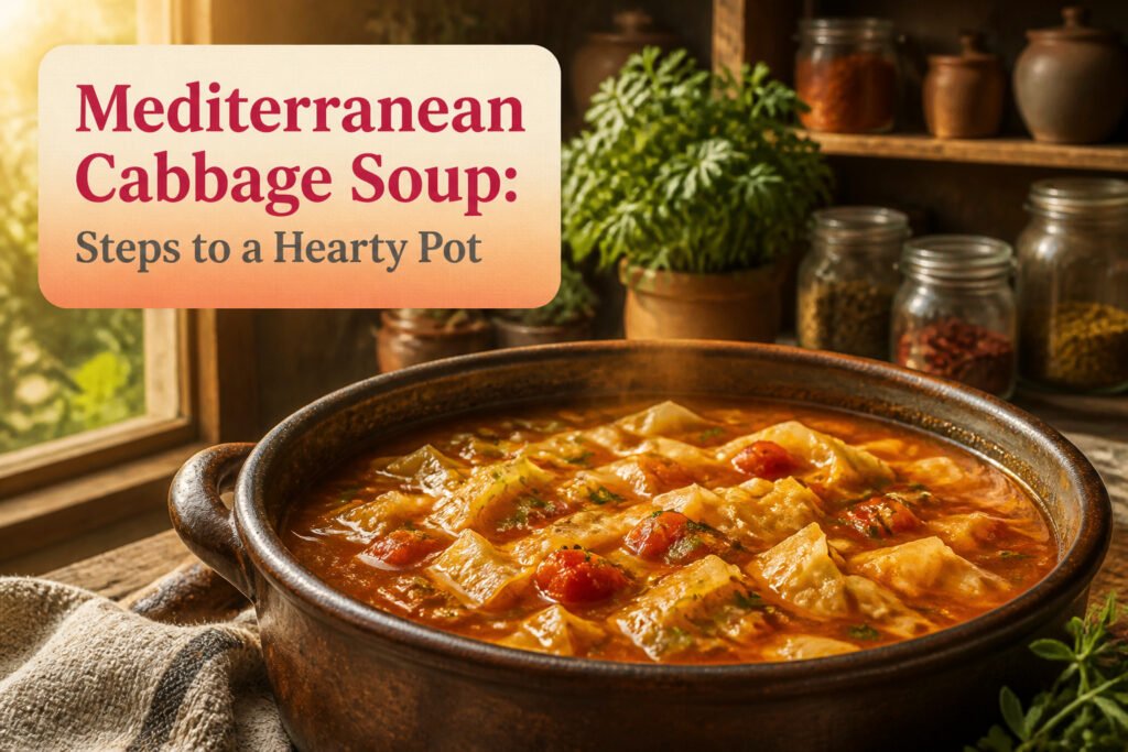 Bowl of Mediterranean cabbage soup on a rustic kitchen countertop.