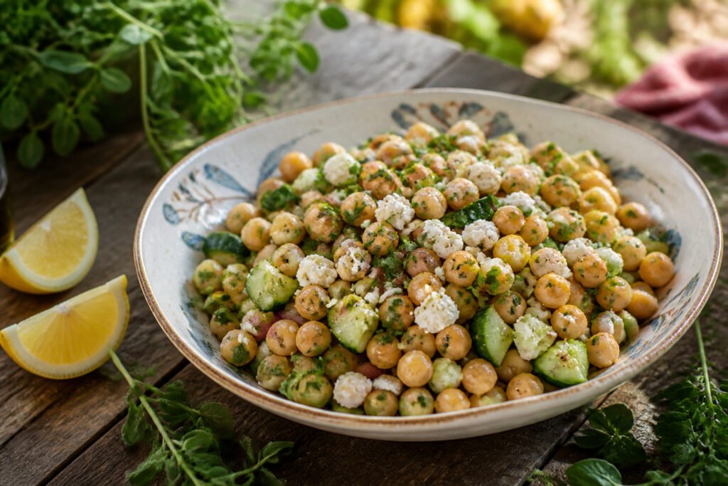 A Mediterranean chickpea salad in a wooden bowl with vegetables and dressing.