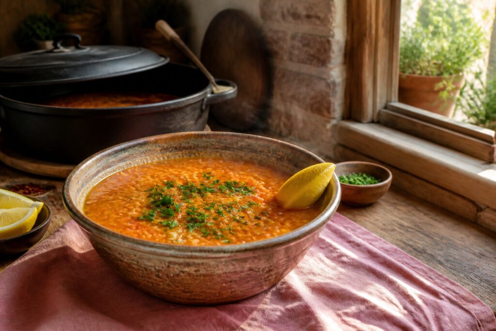 Bowl of Mediterranean red lentil soup with herbs and a rustic background.