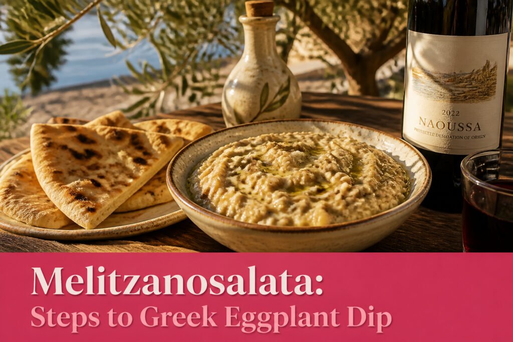 Bowl of melitzanosalata with pita bread and olives on a rustic table.