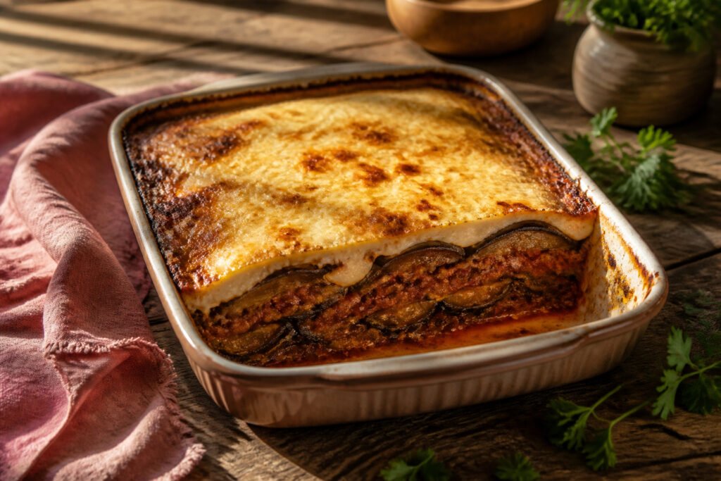A serving of moussaka with layers of eggplant, meat sauce, and béchamel.